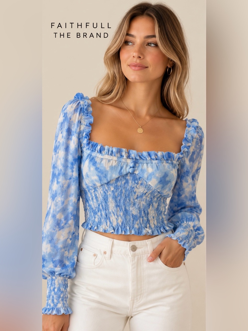 Faithfull The Brand Blue White Smocked Crop Top XS Square Neck Ruffle
